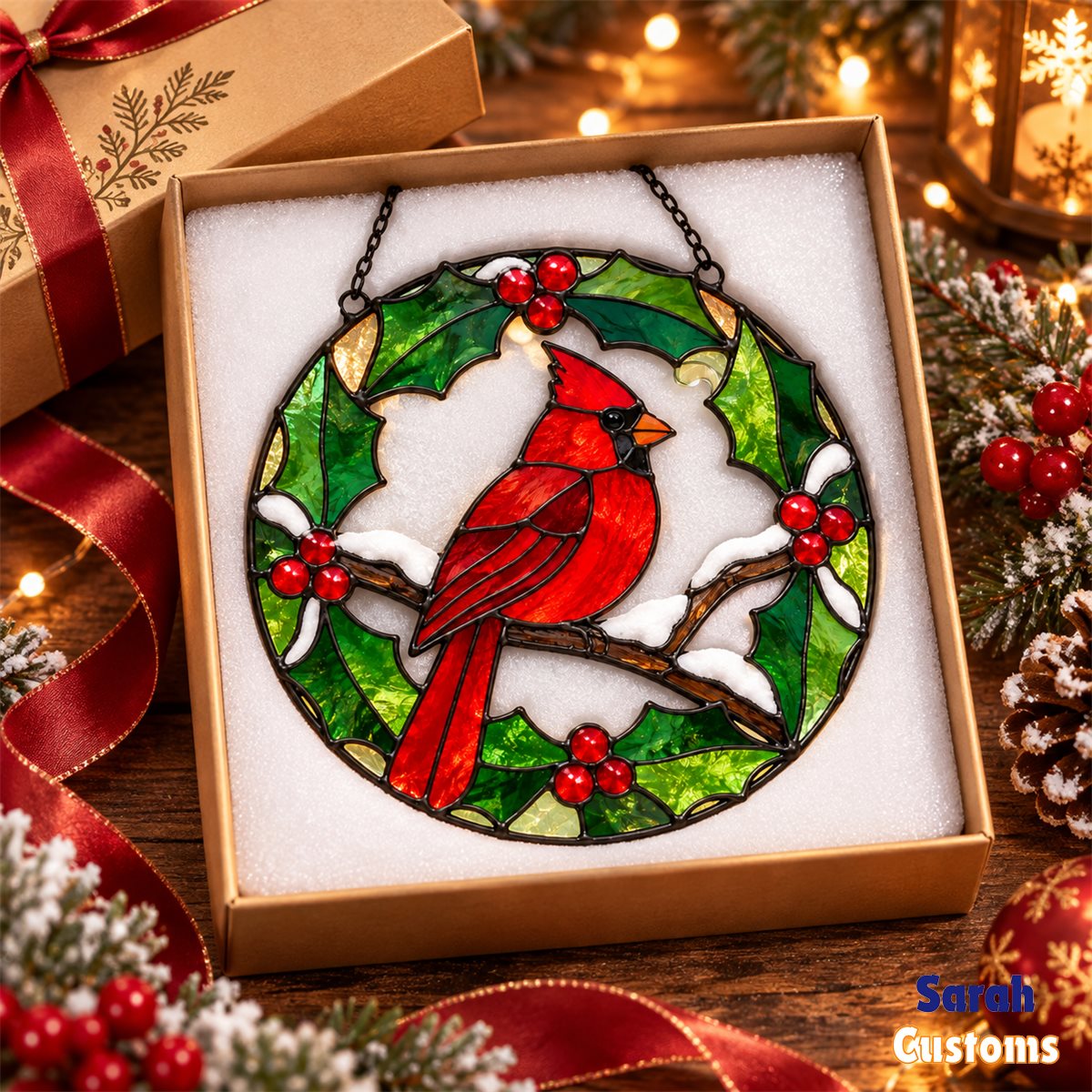 Snowy Holly Wreath Cardinal Stained Glass Suncatcher