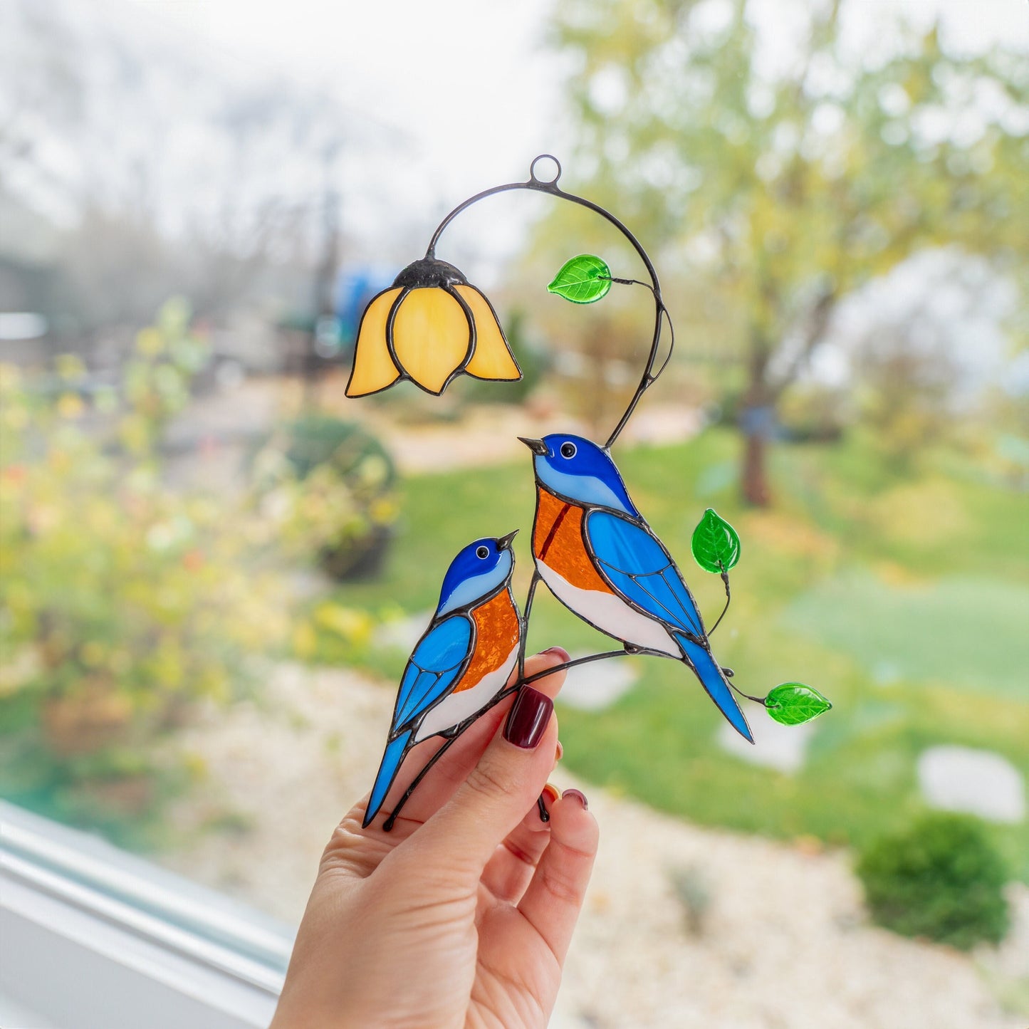 Stained glass bird suncatcher Gifts for grandma Custom stained glass ornaments Bluebird stained glass window hangings - Image 9