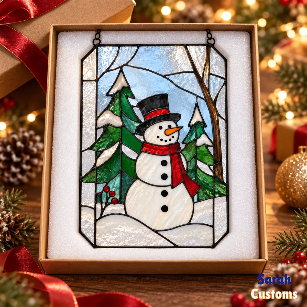 Snowman in Snowy Forest Christmas Window Suncatcher