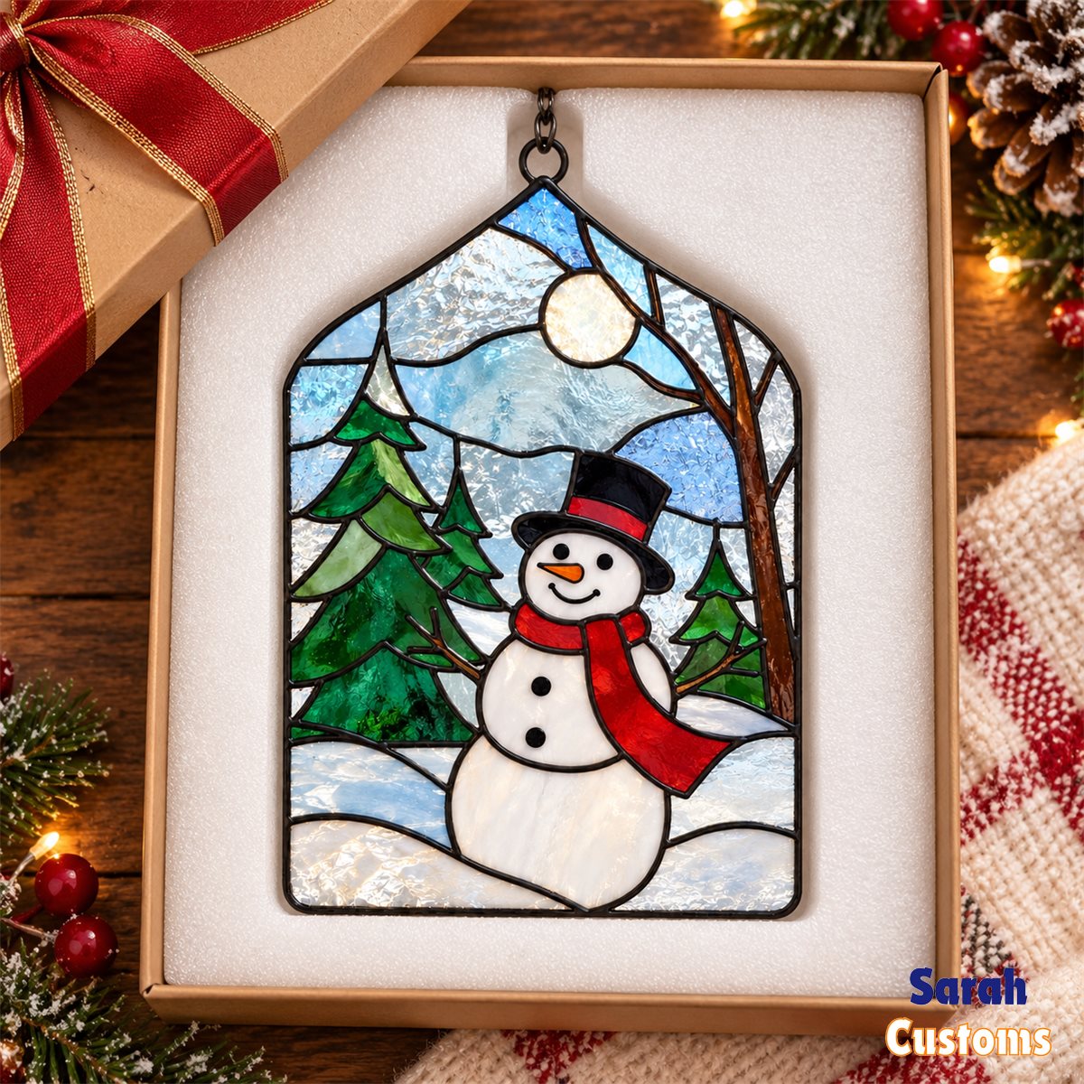Snowman in Snowy Pine Forest Christmas Suncatcher