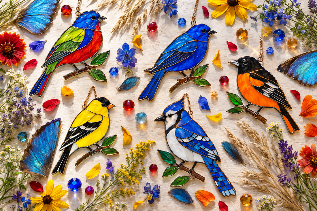Handcrafted stained glass suncatchers of America’s most colourful songbirds — Painted Bunting, Indigo Bunting, Baltimore Oriole, Goldfinch and Blue Jay in.....