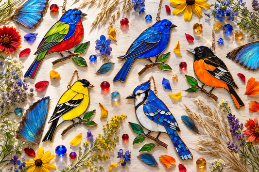 Handcrafted stained glass suncatchers of America’s most colourful songbirds — Painted Bunting, Indigo Bunting, Baltimore Oriole, Goldfinch and Blue Jay in.....