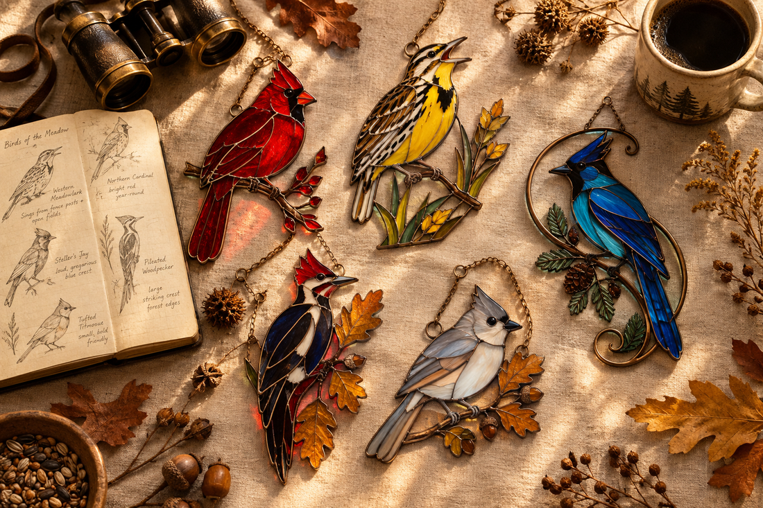 Curated birdwatcher gift flat-lay with handcrafted stained glass bird suncatchers, binoculars, field notebook and autumn leaves