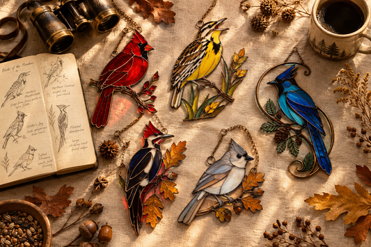 Curated birdwatcher gift flat-lay with handcrafted stained glass bird suncatchers, binoculars, field notebook and autumn leaves