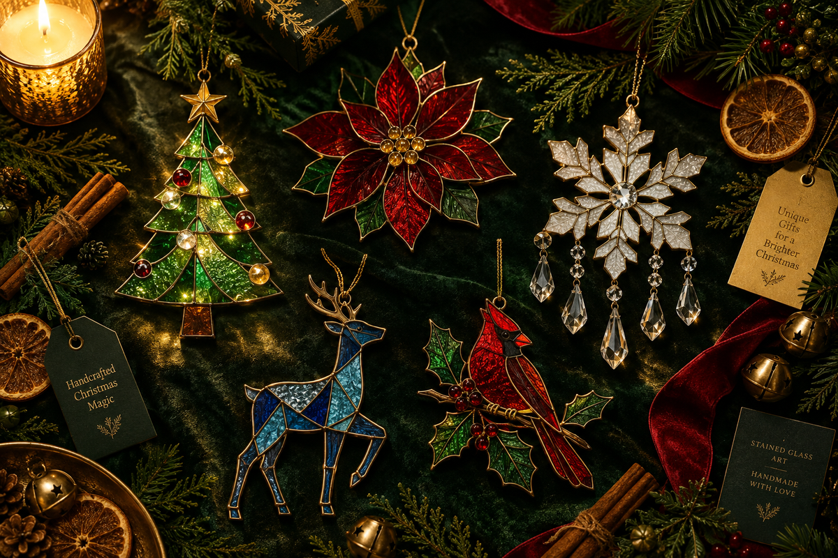 Handcrafted stained glass Christmas gifts including Christmas tree, snowflake, cardinal...