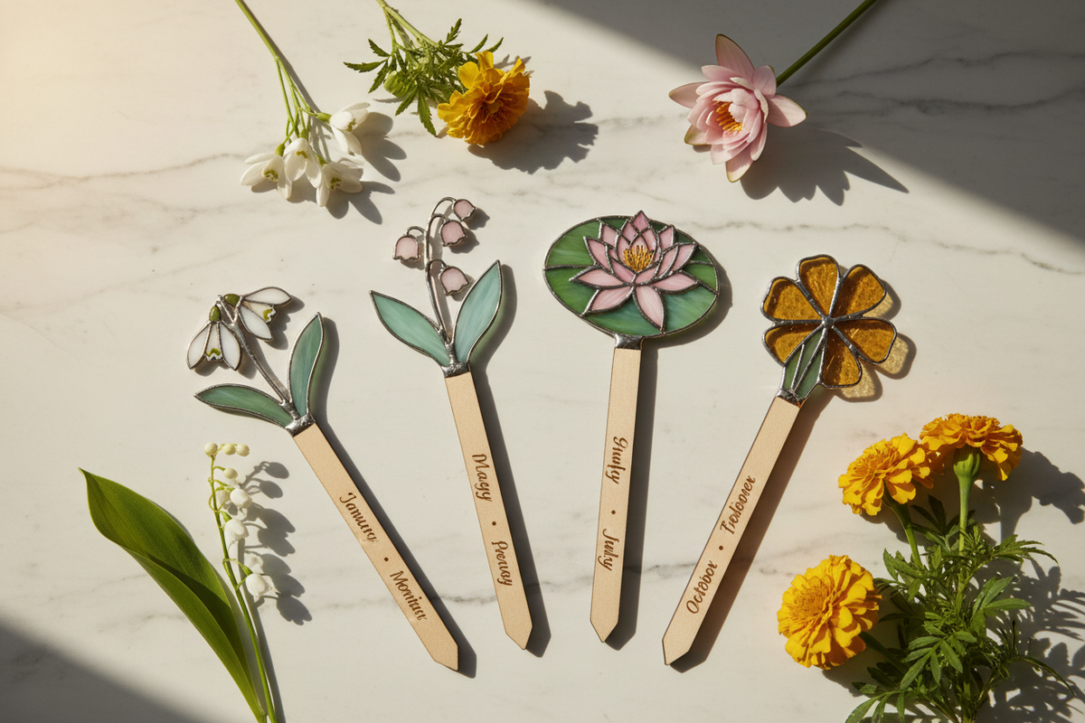 Handcrafted stained glass birth month flower plant stakes with engraved wooden bases arranged on a marble surface