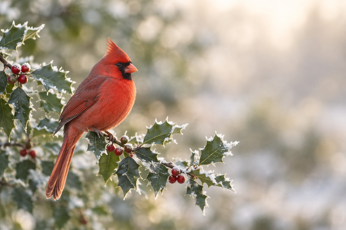 AI-generated image of a red cardinal perched on a holly branch in soft winter light
