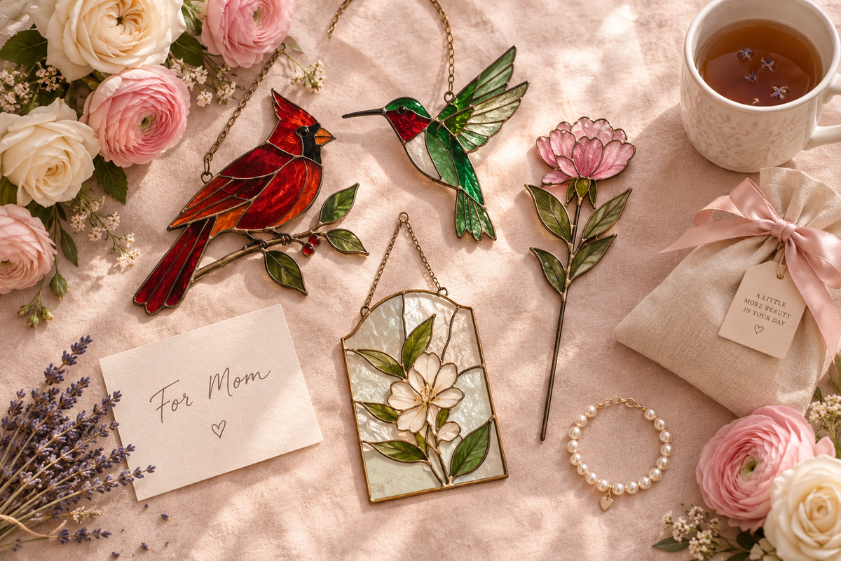 Curated gift guide for Mom with handcrafted stained glass cardinal and hummingbird suncatchers, birth month flower plant stake, ranunculus and handwritten card