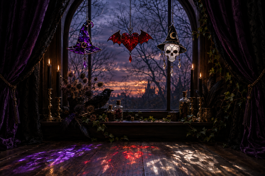 Gothic Halloween window display with handcrafted stained glass witch hat, skull and bat wing heart suncatchers casting purple and crimson light