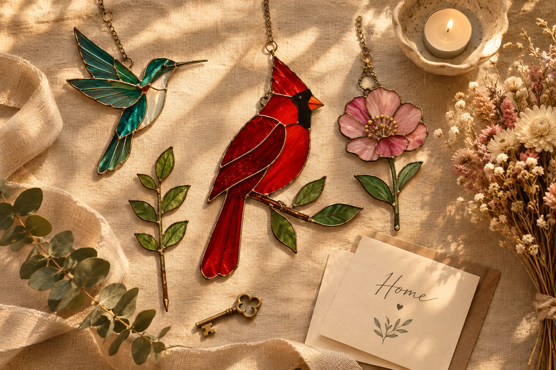 Curated housewarming gift flat-lay with handcrafted stained glass cardinal and hummingbird suncatchers, plant stake, brass key and dried botanicals