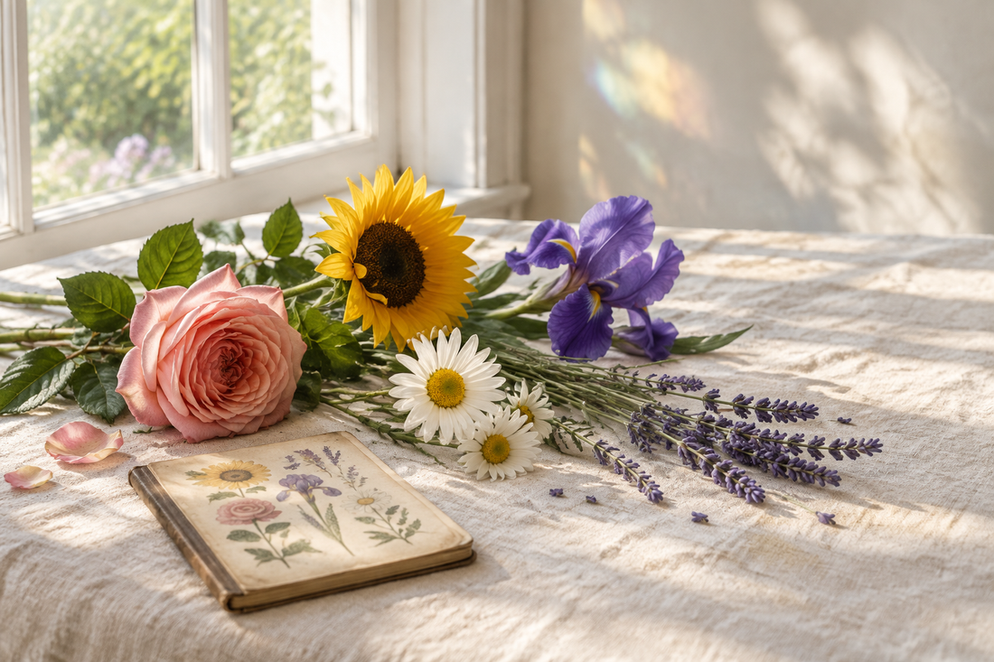 AI-generated botanical still life of flowers on cream linen beside a sunlit window