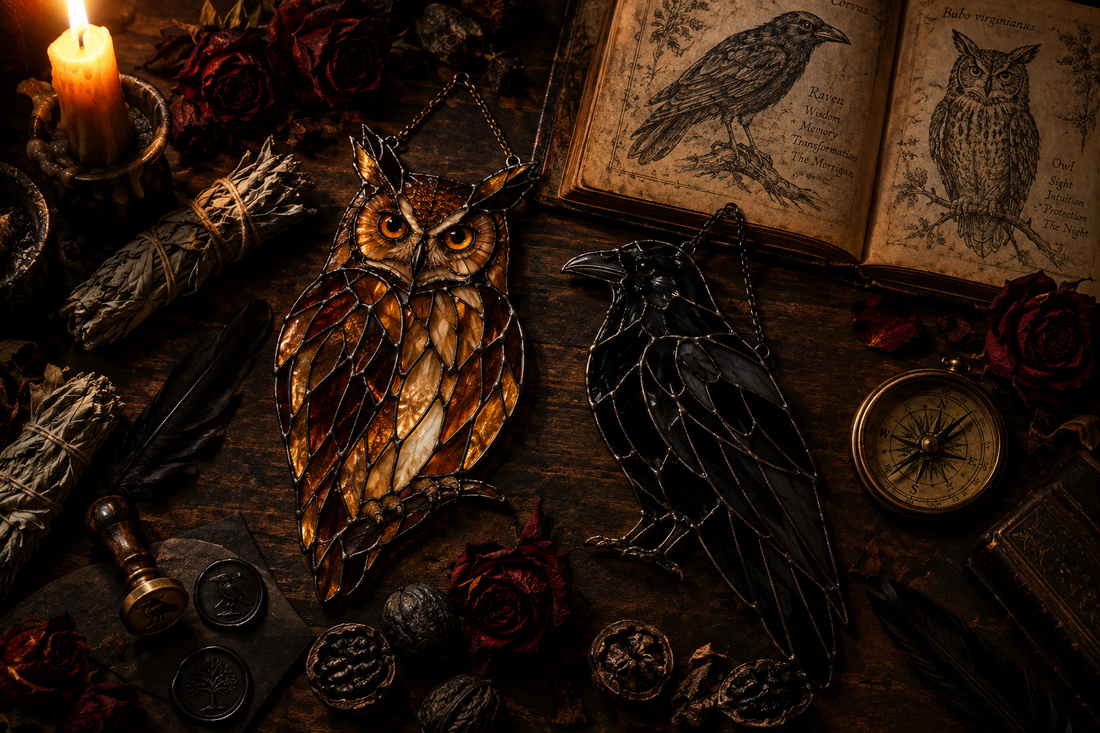 Handcrafted stained glass owl and raven suncatchers with antique folklore book, black feathers and dried roses in moody candlelight