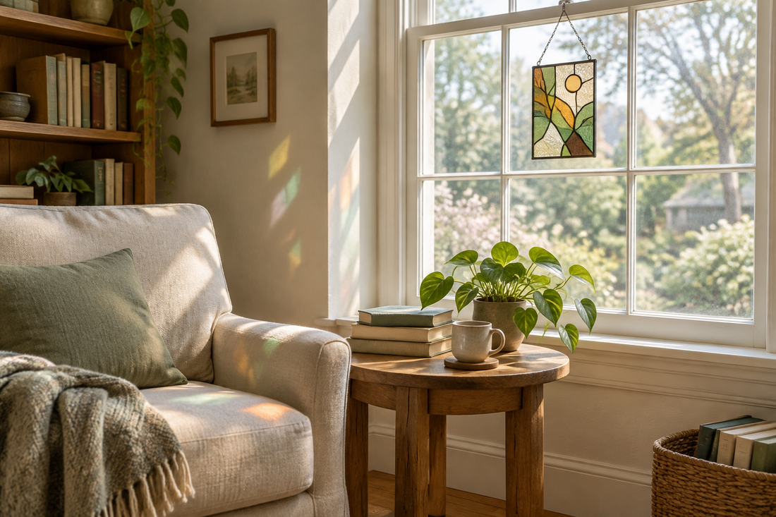 AI-generated reading nook with an abstract stained glass suncatcher, linen chair and houseplant