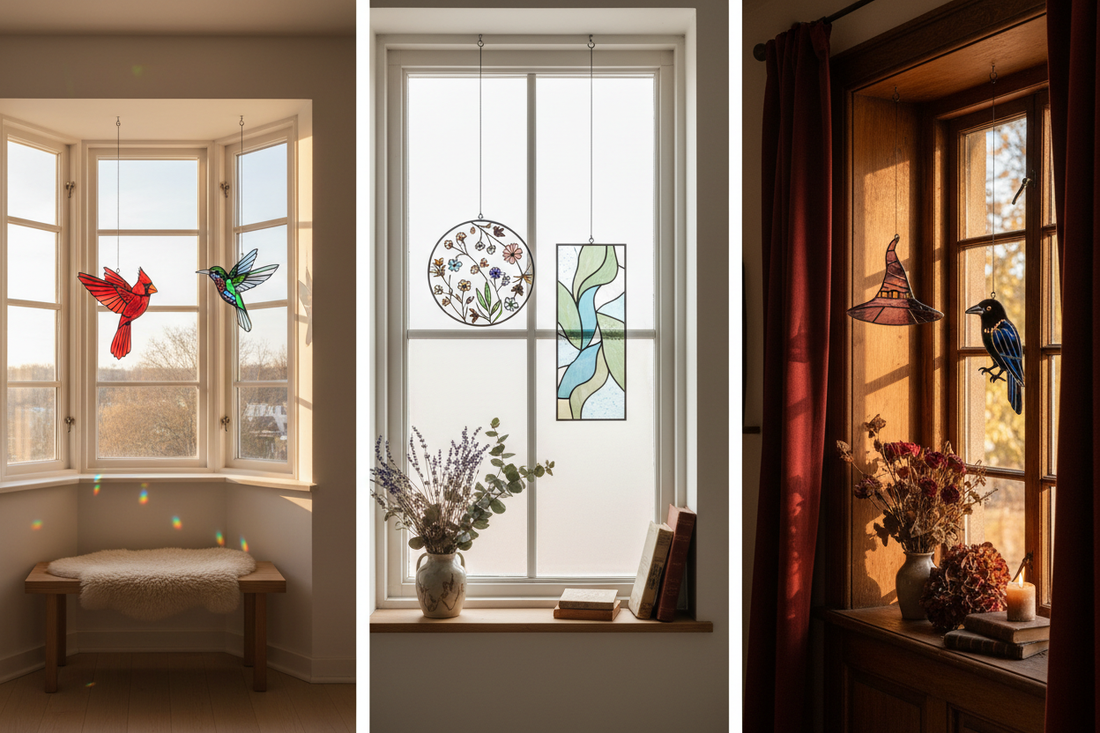 Seven handcrafted stained glass suncatchers displayed across three different window styles — Scandinavian minimal, cottagecore botanical,...