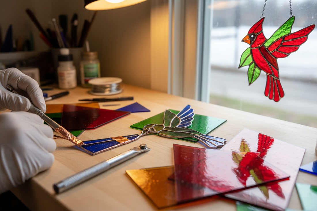 Stained glass workshop showing cathedral glass sheets, copper foil tape, glass cutter tools and a partially assembled hummingbird suncatcher