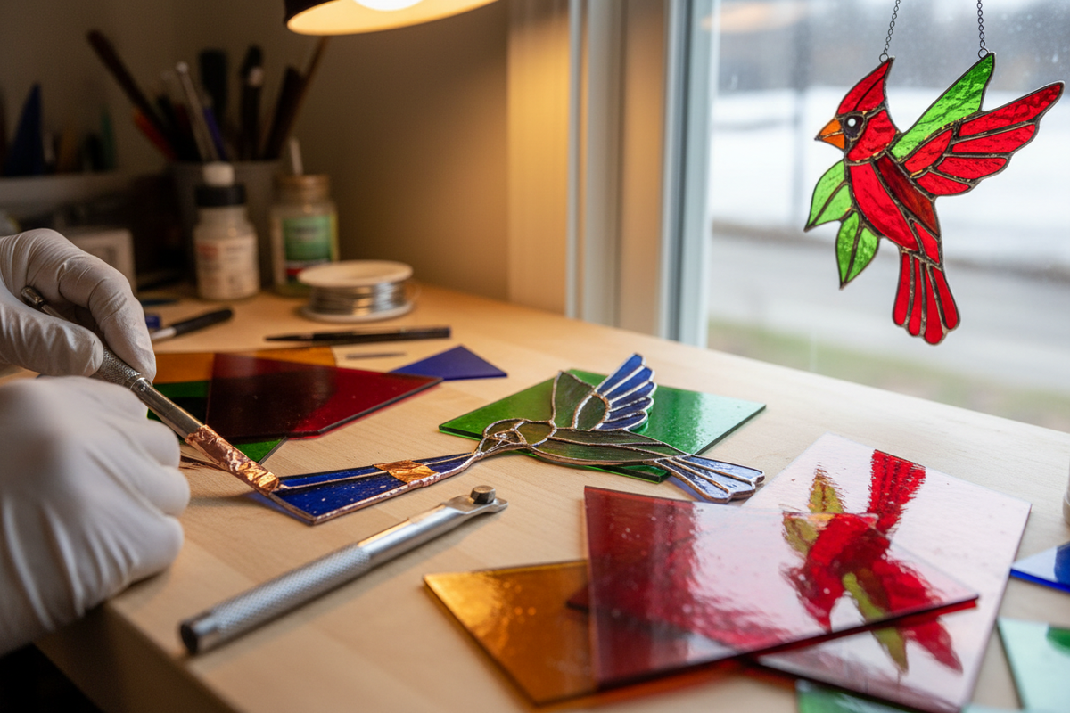Stained glass workshop showing cathedral glass sheets, copper foil tape, glass cutter tools and a partially assembled hummingbird suncatcher
