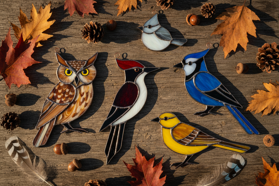 Handcrafted wild bird stained glass suncatchers including woodpecker, owl, jay, meadowlark and titmouse arranged with autumn leaves and pine cones