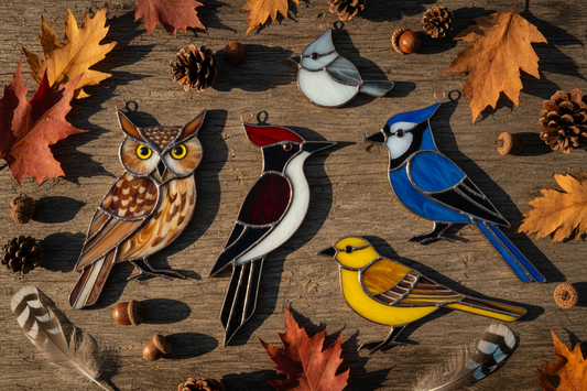 Handcrafted wild bird stained glass suncatchers including woodpecker, owl, jay, meadowlark and titmouse arranged with autumn leaves and pine cones