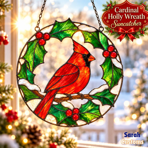 Cardinal in Holly Wreath Christmas Suncatcher