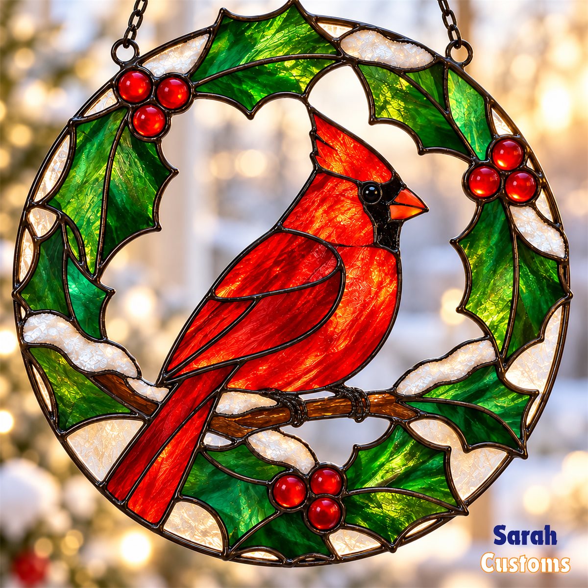 Cardinal in Holly Wreath Christmas Suncatcher