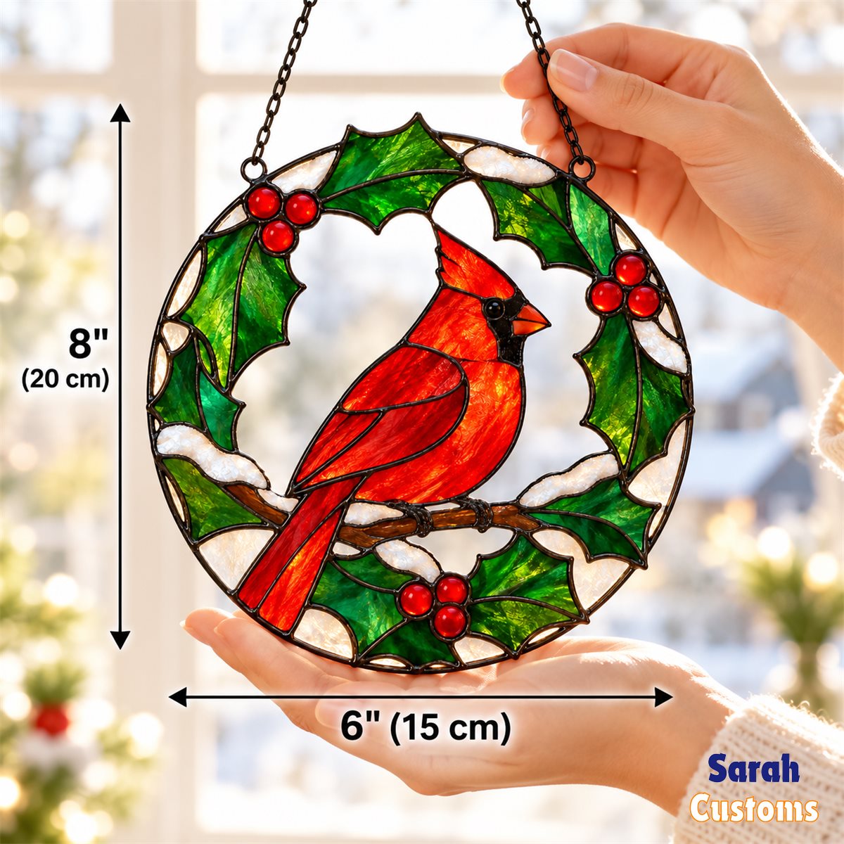 Cardinal in Holly Wreath Christmas Suncatcher
