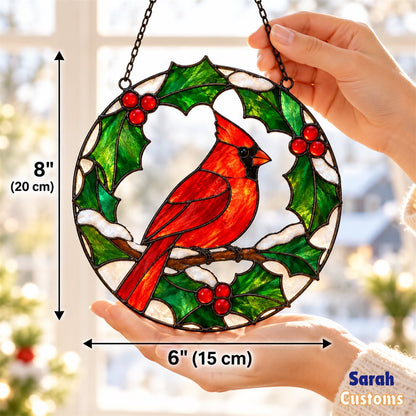 Cardinal in Holly Wreath Christmas Suncatcher