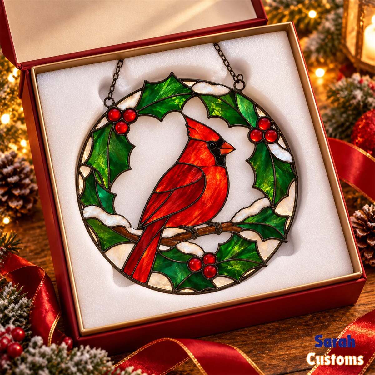 Cardinal in Holly Wreath Christmas Suncatcher