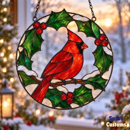 Cardinal in Holly Wreath Christmas Suncatcher