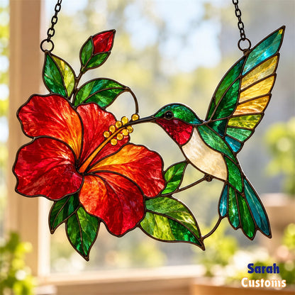 Hummingbird & Hibiscus Stained Glass Suncatcher