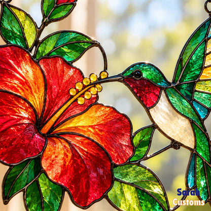 Hummingbird & Hibiscus Stained Glass Suncatcher