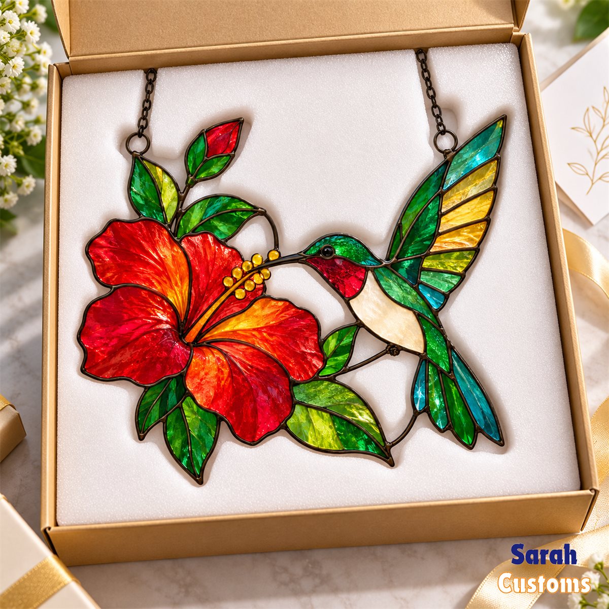 Hummingbird & Hibiscus Stained Glass Suncatcher
