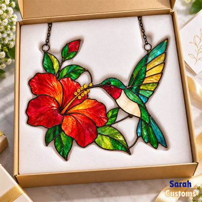 Hummingbird & Hibiscus Stained Glass Suncatcher