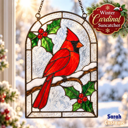 Snowy Arch Cardinal Christmas Stained Glass Suncatcher