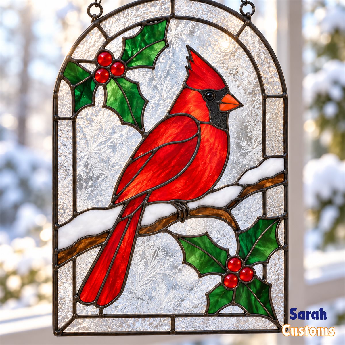 Snowy Arch Cardinal Christmas Stained Glass Suncatcher