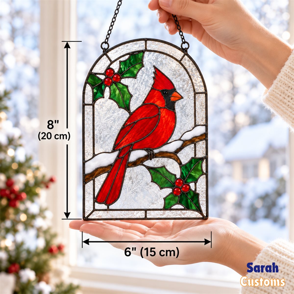 Snowy Arch Cardinal Christmas Stained Glass Suncatcher