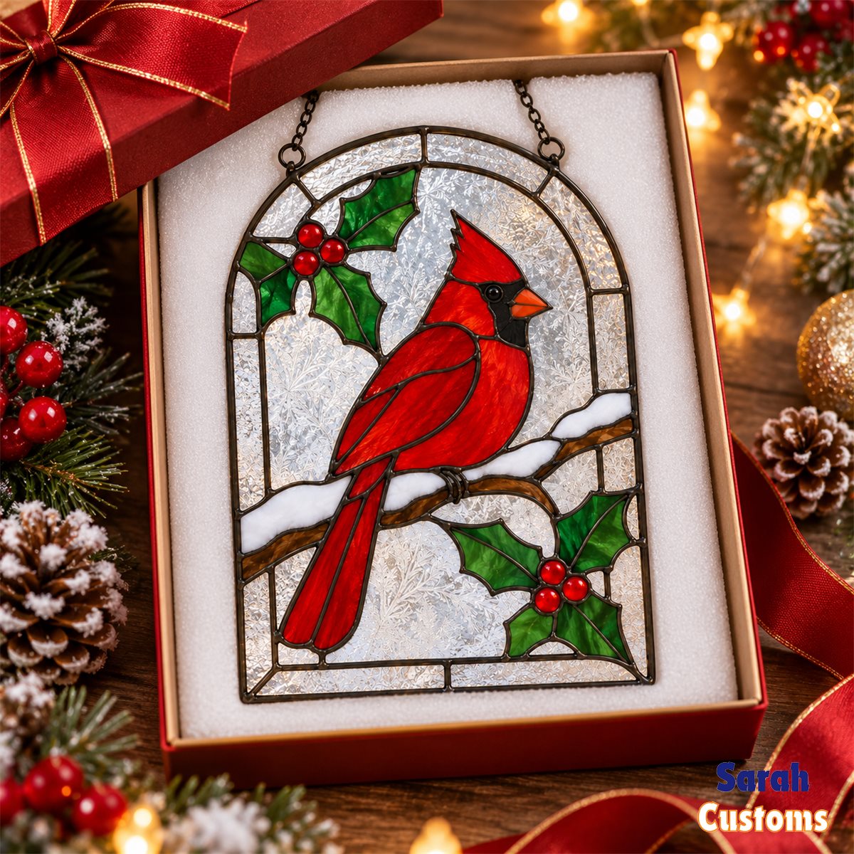 Snowy Arch Cardinal Christmas Stained Glass Suncatcher