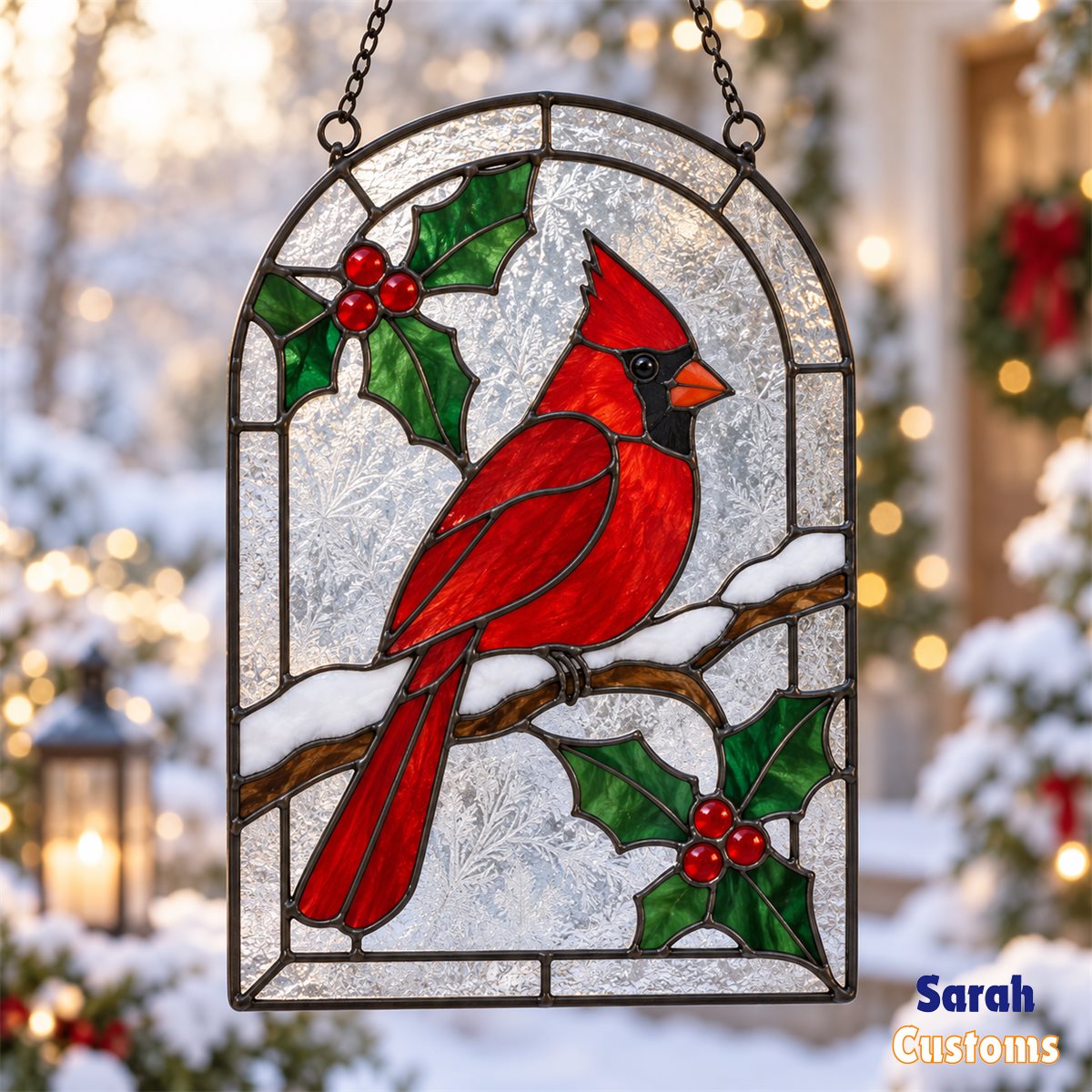 Snowy Arch Cardinal Christmas Stained Glass Suncatcher