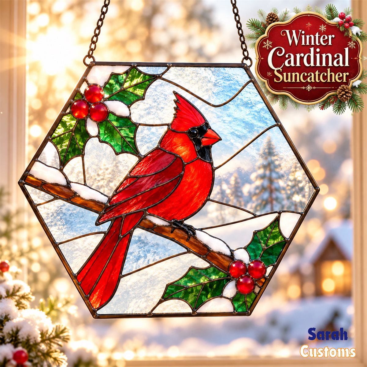 Snowy Cardinal Hexagon Christmas Stained Glass Suncatcher