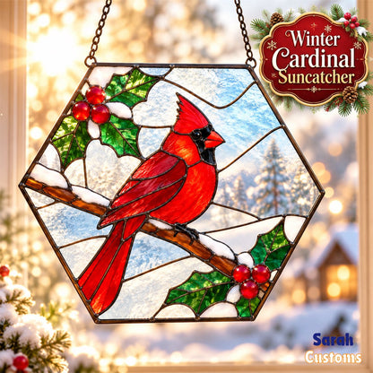 Snowy Cardinal Hexagon Christmas Stained Glass Suncatcher