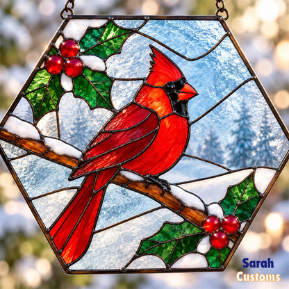 Snowy Cardinal Hexagon Christmas Stained Glass Suncatcher