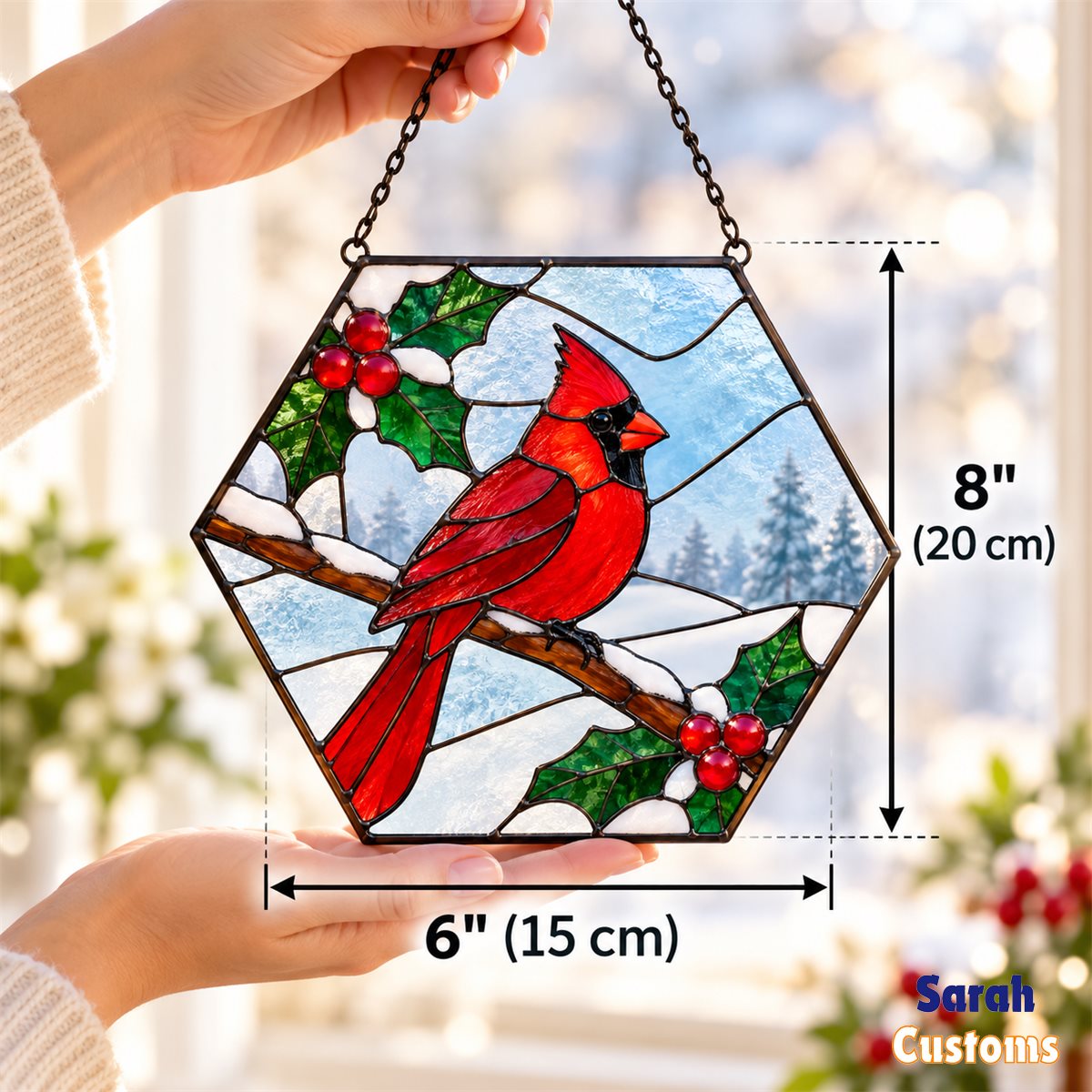 Snowy Cardinal Hexagon Christmas Stained Glass Suncatcher