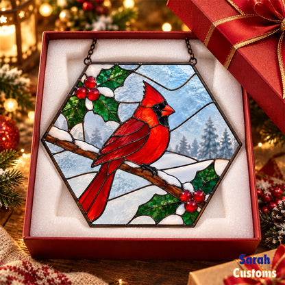Snowy Cardinal Hexagon Christmas Stained Glass Suncatcher