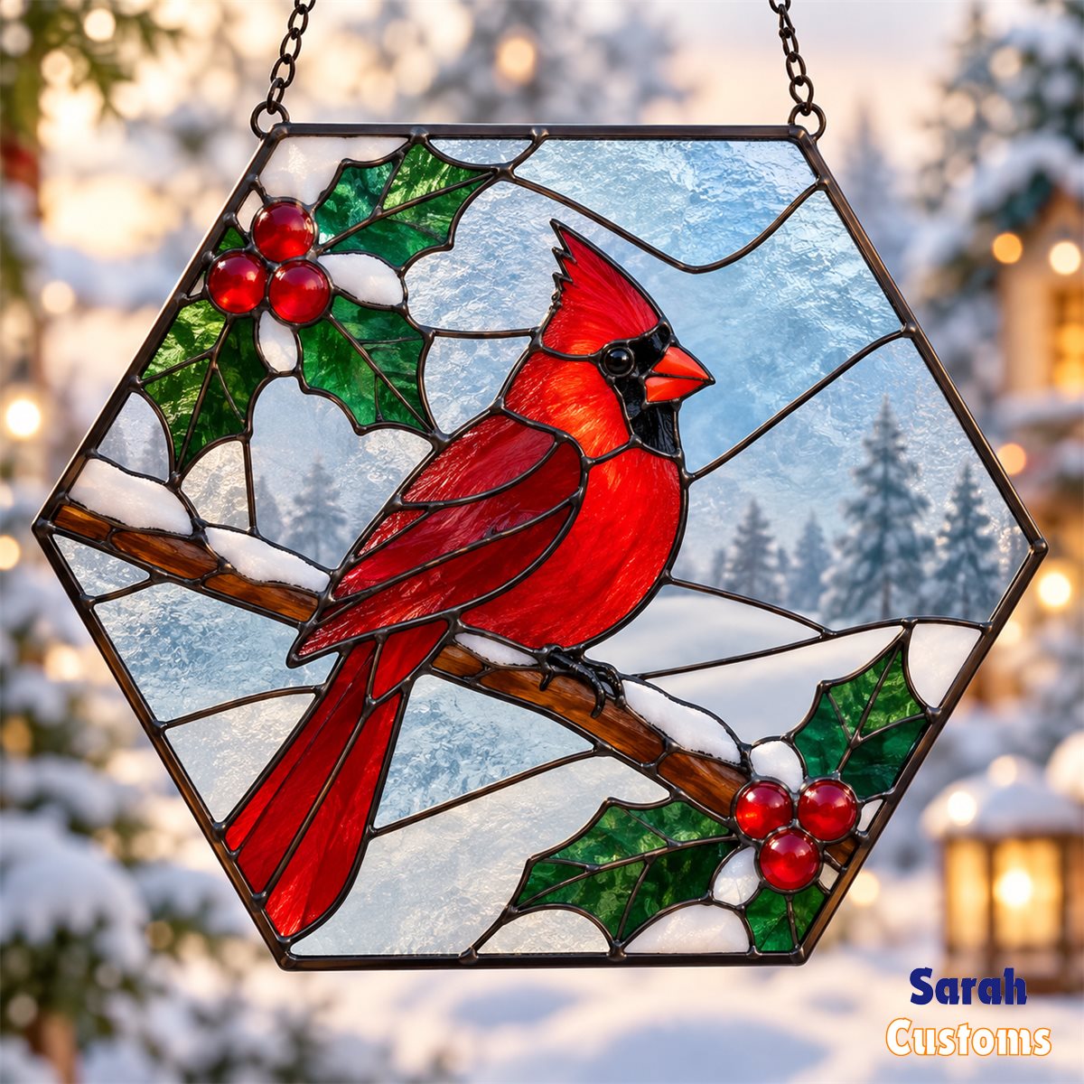 Snowy Cardinal Hexagon Christmas Stained Glass Suncatcher