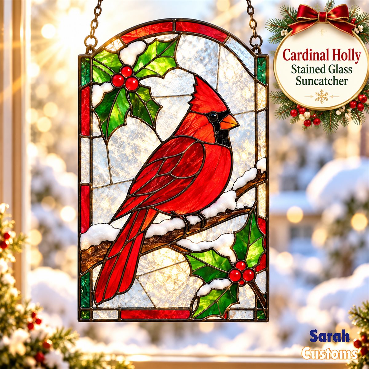 Snowy Cardinal Holly Arch Stained Glass Suncatcher
