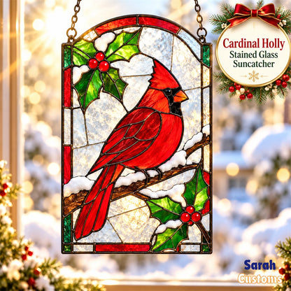 Snowy Cardinal Holly Arch Stained Glass Suncatcher