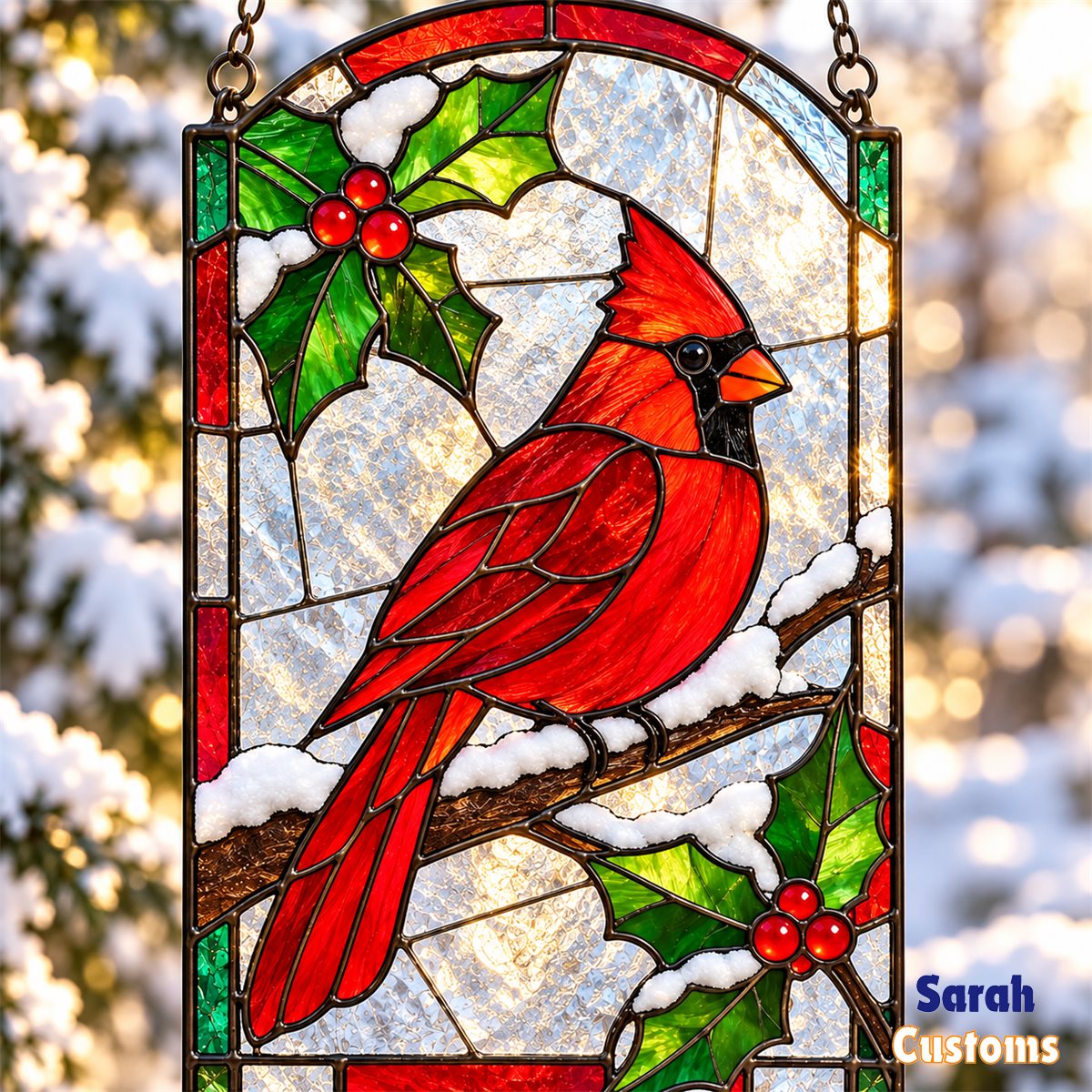Snowy Cardinal Holly Arch Stained Glass Suncatcher