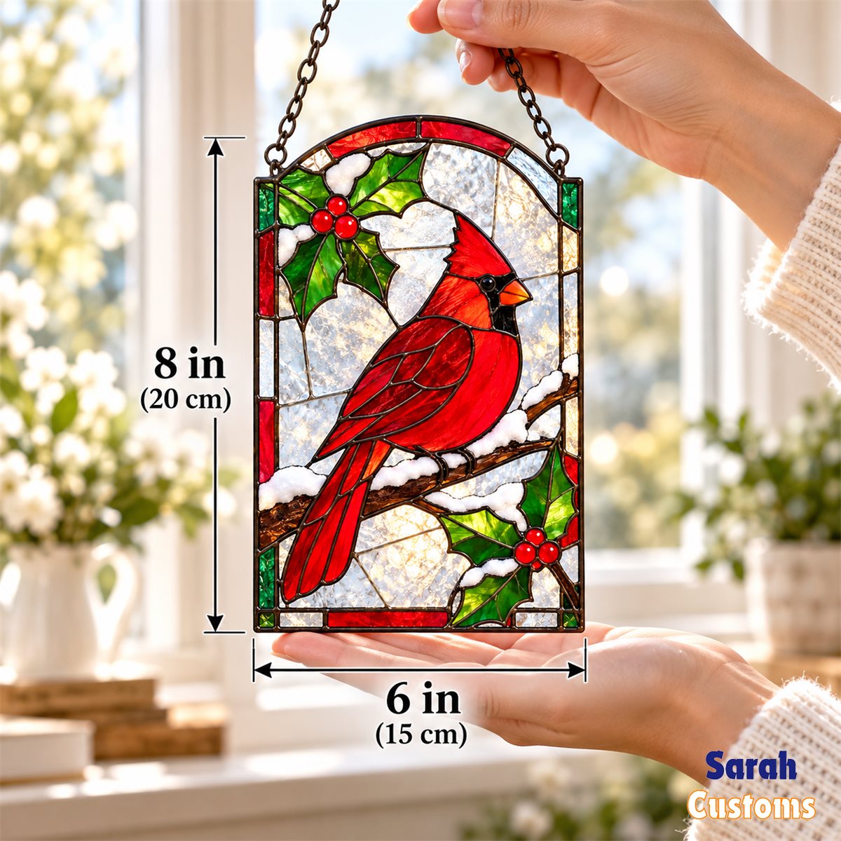 Snowy Cardinal Holly Arch Stained Glass Suncatcher