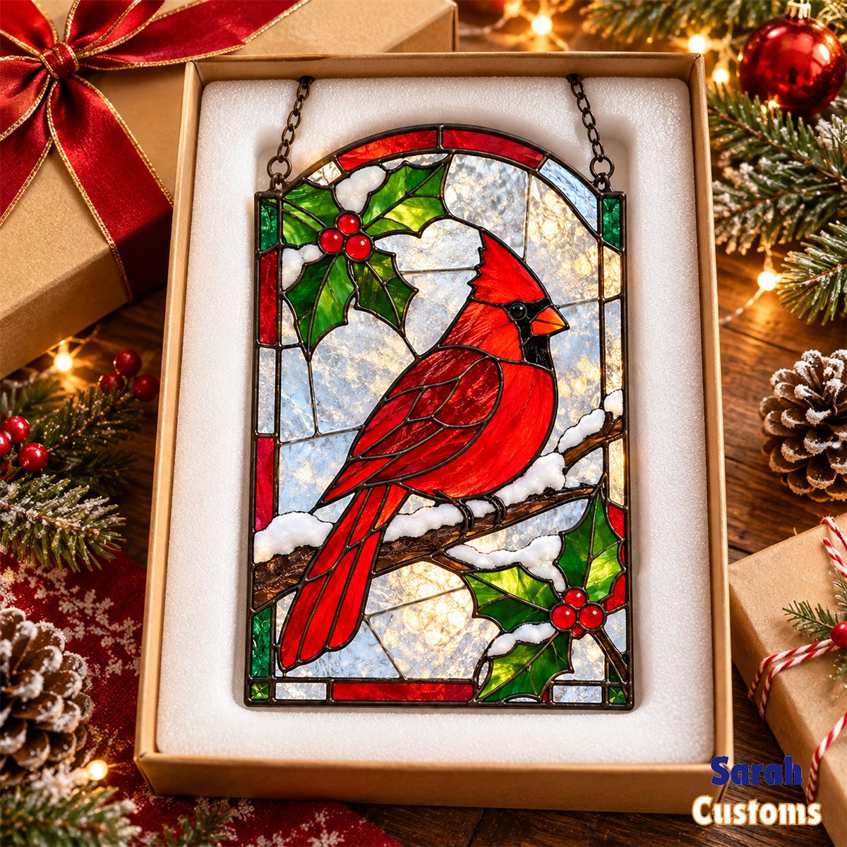 Snowy Cardinal Holly Arch Stained Glass Suncatcher