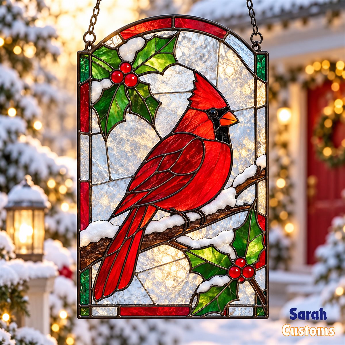 Snowy Cardinal Holly Arch Stained Glass Suncatcher