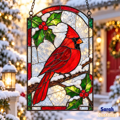 Snowy Cardinal Holly Arch Stained Glass Suncatcher